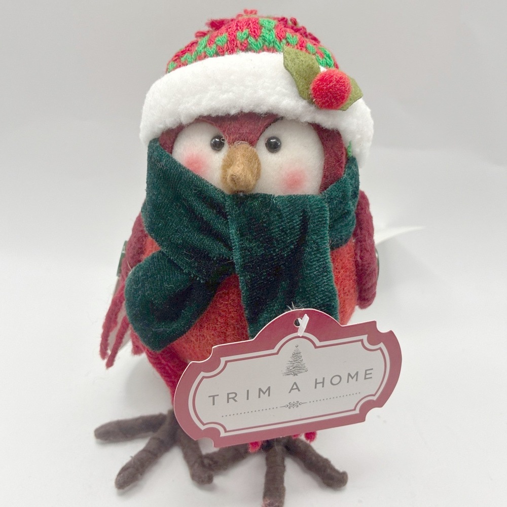 Trim A Home Christmas Bird Figurine 8in Red Green Winter Hat Scarf NOS